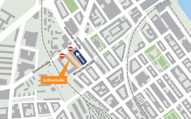 Die Leithastraße ist seit Kurzem ab der Winarskystraße in Richtung Stromstraße eine Einbahn – Fahrradfahrer ausgenommen.