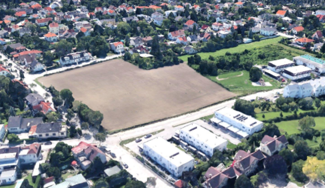 Ein Blick aus der Vogelperspektive auf das von der geplanten Umwidmung betroffene Areal zwischen Veste Rohr, Rohrfeldgasse und Rudolf Zöllnerstraße