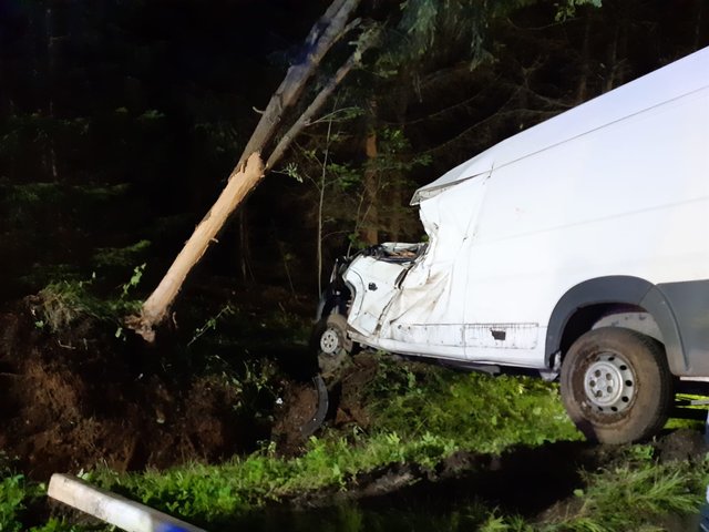 Der Kastenwagen wurde komplett deformiert, der Baum entwurzelt.