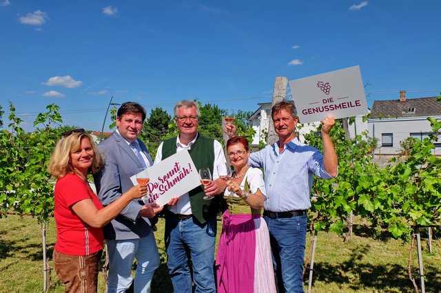 „Da rennt der Schmäh“ – ist in Gumpoldskirchen, Pfaffstätten und Baden angesagt – hier im Bild sind Traiskirchens Tourismusstadträtin Manuela Rommer-Sauerzapf, Badens Bürgermeister Stefan Sziroucsek, LAbg. und Pfaffstättens Bürgermeister Christoph Kainz, Gumpoldskirchens Tourismusfachfrau Dagmar Händler und ihr Vize Jörgen Vöhringer zu sehen.