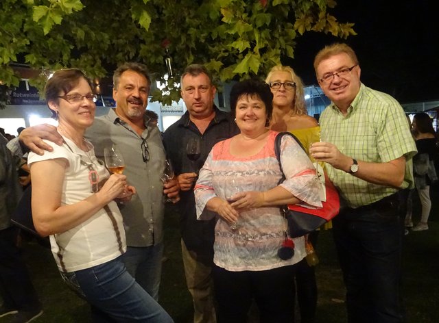 Karla Schöll-Tritremmel, Klaus Unterstetter, Michael Wilfinger, Bettina Wilfinger, Regina Unterstetter und Werner Schöll verkosten die edlen Tropfen am Schwanaplatz im Rahmen der Rotweintage 2019