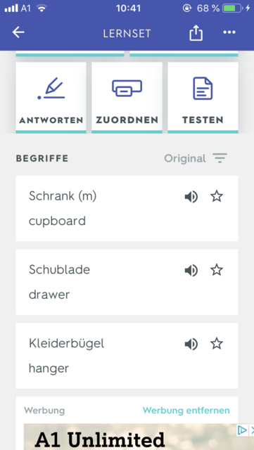App-Tipp der Woche: Quizlet ist eine umfangreiche App zum Vokabeln lernen. Der Vorteil: die Vokabeln können selbst eingegeben werden oder man kann auf die Lernsets anderer zugreifen | Foto: Screenshot