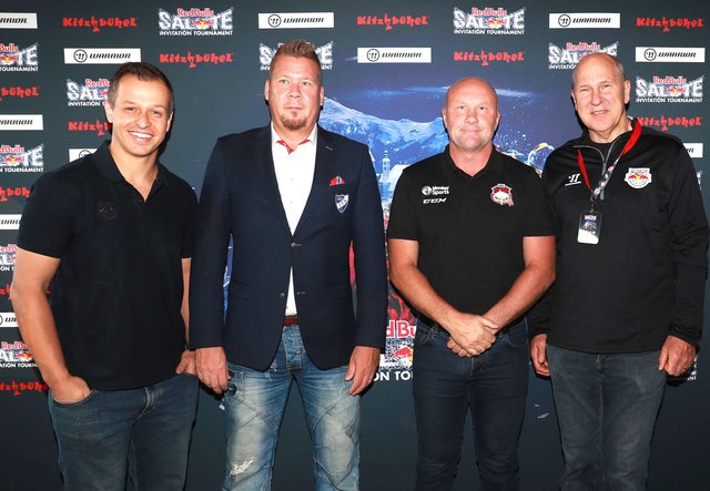 Head Coaches Matt McIlvane (RBS), Jarno Pikkarainen (HIFK), Peter Andersson (MRH) und Don Jackson (RBM) beim Auftakt in der Mockingstube. | Foto: Red Bull/GEPA