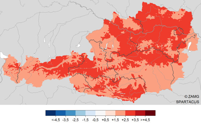 Temperatur im Sommer 2019: Abweichung der Temperatur vom vieljährigen Mittel 1981-2010. Auswertung mit SPARTACUS-Daten bis inkl. 26.8.2019.  | Foto: ZAMG