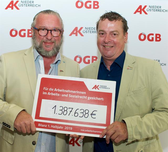 Horst Pammer (r.) und Gerhard Windbichler präsentieren den Betrag, den die AKNÖ für ihre Mitglieder herausholte. | Foto: Santrucek