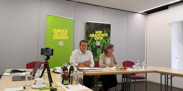 Bei einer Pressekonferenz informieren Stefan Kaineder, Landessprecher und Spitzenkandidat der Grünen bei der Nationalratswahl 2019, und Leonore Gewessler, zweitplatzierte Kandidatin der Grünen, über den Klimaplan der Grünen.
