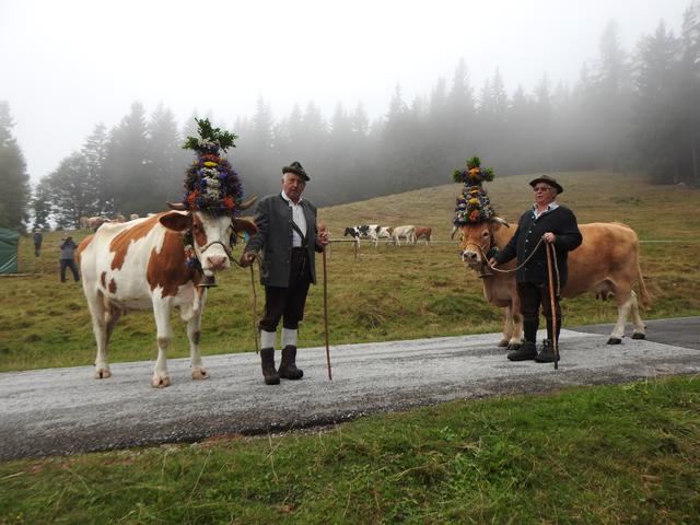 Die Almhalter Leo Berger (r.) und Vinzenz Prettenhofer (l.) mit ihrern aufgekranzten Leitkühen