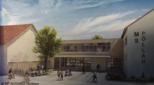 So soll die umgebaute Mittelschule in Pöllau ab August 2021 aussehen. | Foto: HP Architektur Hartberg