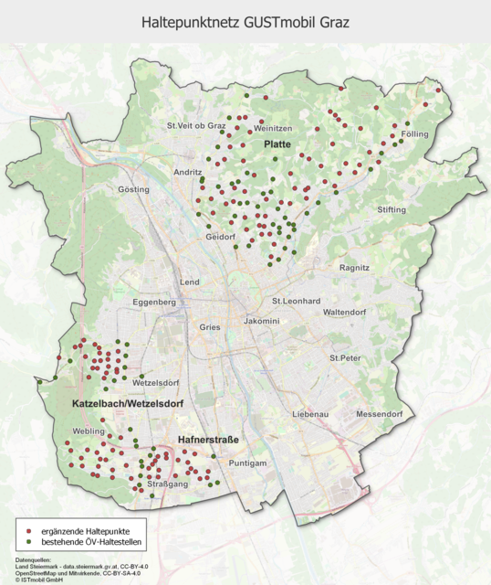 Die roten Punkte kennzeichnen die neuen Haltestellen.