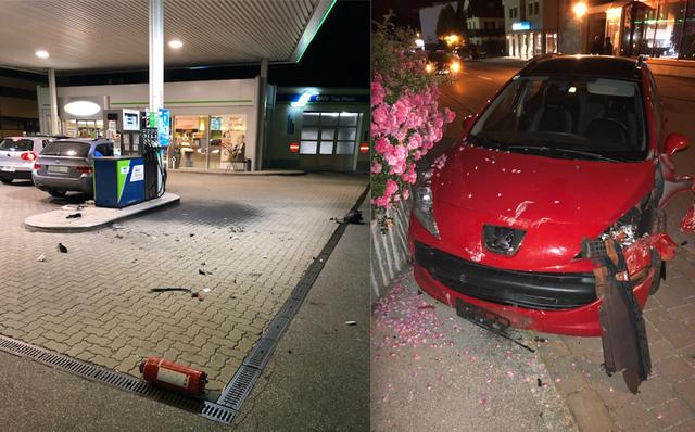 Der Pkw prallte in der Marktstraße gegen eine Gartenmauer (re), nachdem er zuvor Schaden an einer Brixlegger Tankstelle anrichtete (links). | Foto: ZOOM.Tirol