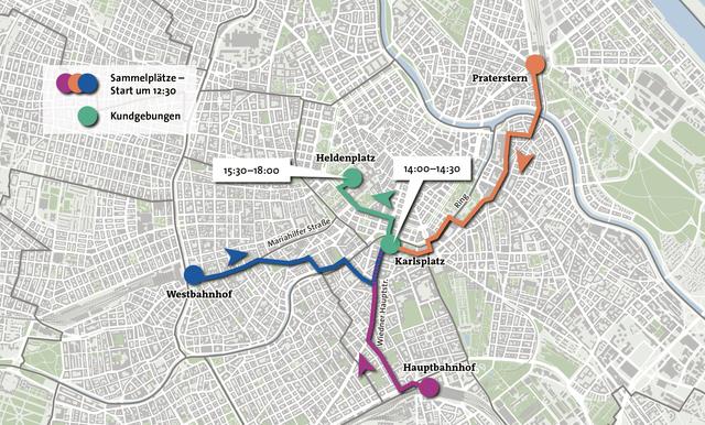 Die "Earth-Strike" Demo startet um 12.30 Uhr an drei verschiedenen Punkten. Ab 14.30 Uhr marschieren alle Demonstranten vom Karlsplatz aus und gehen zur Endkundgebung am Heldenplatz.