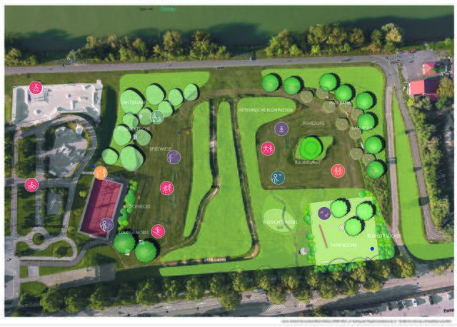 Der Freizeitpark soll nach seiner ergänzenden Gestaltung als Freiraum der Generationen zur Verfügung stehen und zu vielfältiger Nutzung einladen. Bei der Bepflanzung stehen Artenvielfalt und naturnahe Gestaltung im Vordergrund.