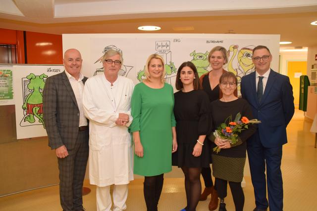(v.l.n.r.) Oberwarter Bürgermeister Georg Rosner, Primarius Dr. Robert Bruckner, Vorstand der Abteilung für Kinder- und Jugendheilkunde im Krankenhaus Oberwart, Bildungs-Landesrätin Daniela Winkler, Hannah Grandits (ehemalige Schülerin in der Heilstätte Oberwart), Jutta Ochsenhofer, Petra Mikovits, Heilstättenlehrerin im Krankenhaus Oberwart, und Harald Keckeis, Geschäftsführer der KRAGES