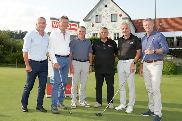 Von links: WK-Vizepräsident Klaus Sagmeister, Christian Strasser, Josef Unger, Spartenobmann Anton Dallos, Spartenobmann-Stv. Manfred Gerger und Golfclub-Präsident Wolfgang Eder.