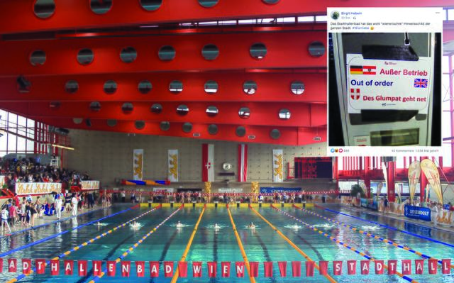 Die Stadthalle mit Wiener Schmäh: "Des Glumpat geht net" steht auf einem Hinweisschild. | Foto: Birgit Hebein/Facebook, Manfred Werner, Grafik:Zopvieh