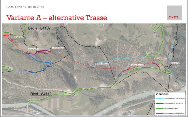 Alternative Variante A der geplanten 110-kV-Leitung auf das Sonnneplateau: Für die neue Trasse werden zwei Masten verschoben.