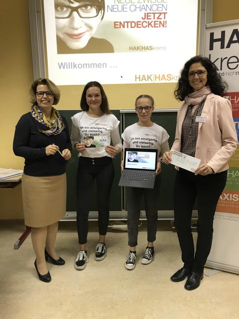 MMag. Andrea Hasenzagl, Elena Gschwandtner (2BIK), Hanna Höfinger (1CK2), Mag. Karin Nothnagl