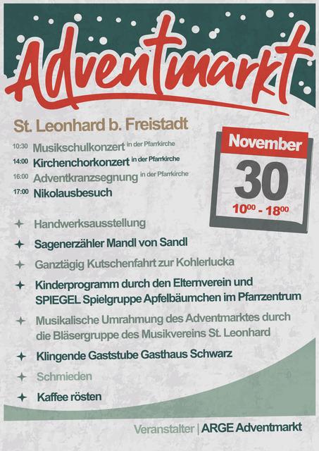 Die ARGE Adventmarkt St. Leonhard freut sich auf zahlreichen Besuch und wünscht allen Besuchern eine schöne Einstimmung auf die Adventzeit.