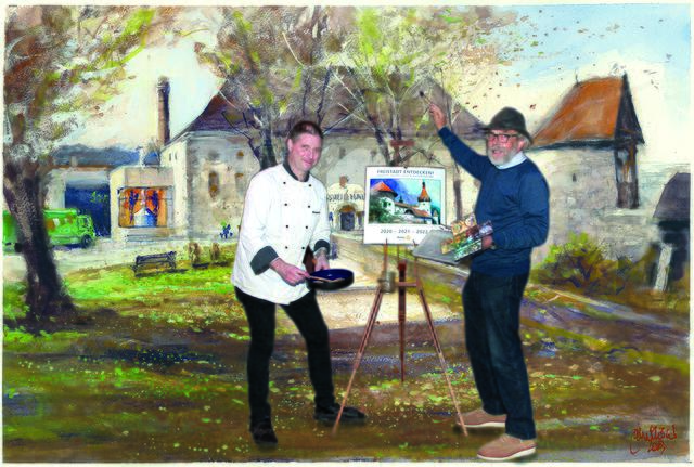 John Owen (r.) und Thomas Friesenecker inmitten eines der Aquarelle.