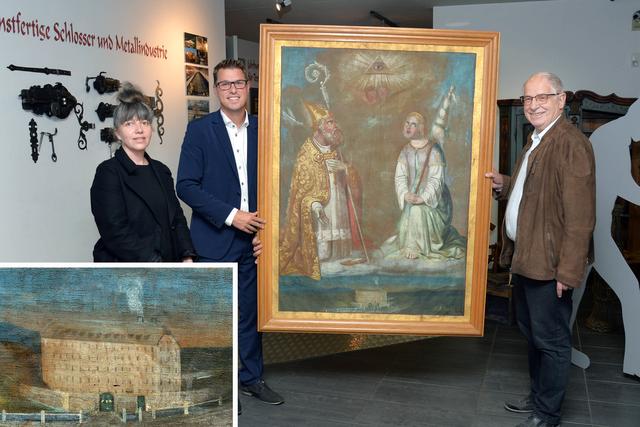 Das kleine Bild links unten zeigt ein interessantes Detail aus dem Bild, nämlich eine frühe Darstellung der ersten Telfer Textilfabrik im Obermarkt. | Foto: MG Telfs/Dietrich