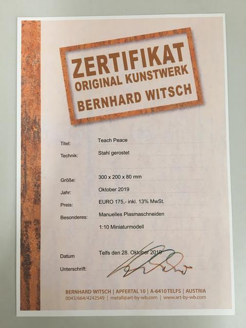Zertifikat vom Telfer Künstler Bernhard Witsch dem Rostbaron