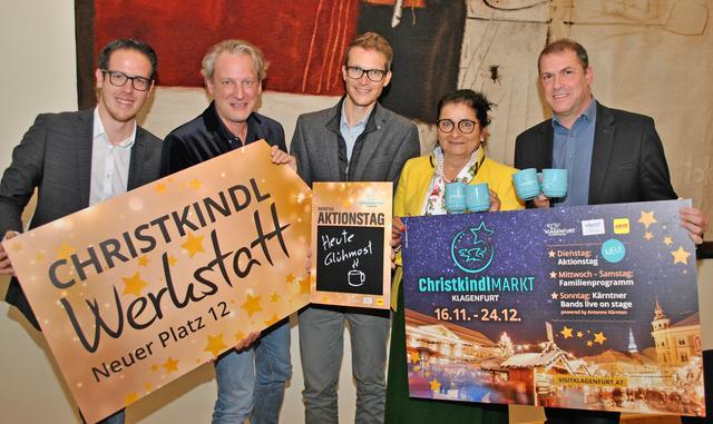 Christoph Fleck, Helmuth Micheler , Alexander Adamitsch, Edith Haslinger und Markus Geiger präsentierten Programm für den diesjährigen Christkindlmarkt in Klagenfurt