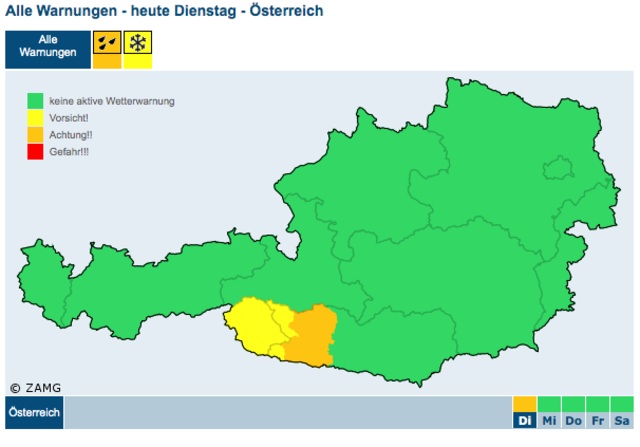 Wetterwarnung der ZAMG für Dienstag.