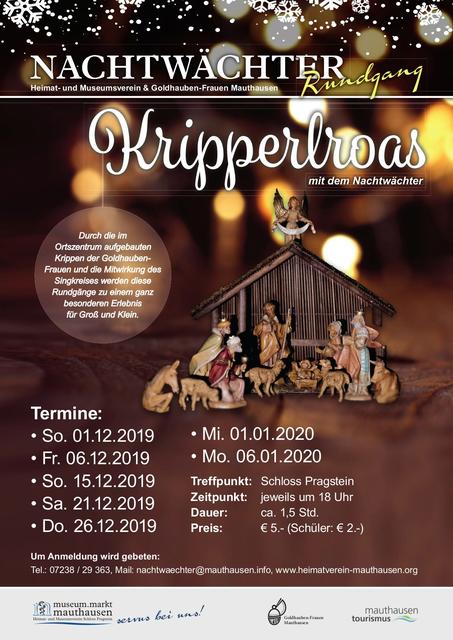 Mit dem Nachtwächter zu den einzelnen interessanten Weihnachtskrippen im Donaumarkt Mauthausen wandern.