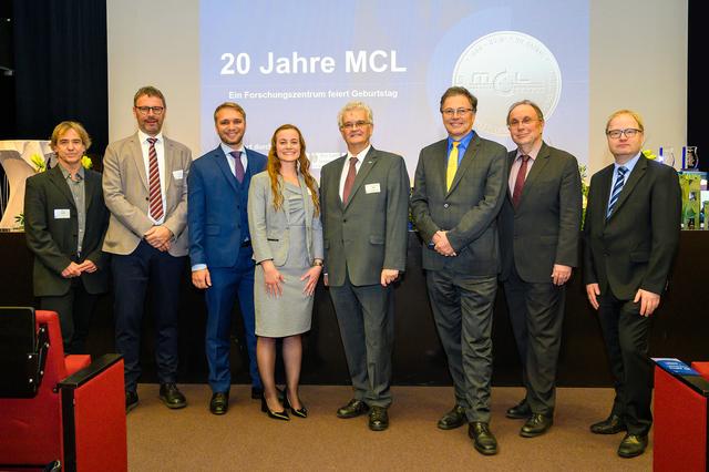 Jubiläumsfeier: Otto Starzer (FFG), Gerd Holzschlag (SFG), Andreas Weber (BMVIT), Gisele Amancio (MCL), Reinhold Ebner (MCL), Rektor Wilfried Eichlseder (Montanuniversität Leoben), KR Willibald Mautner (Finanzreferent Stadt Leoben), Stefan Riegler (BMDW) (v.l.).
