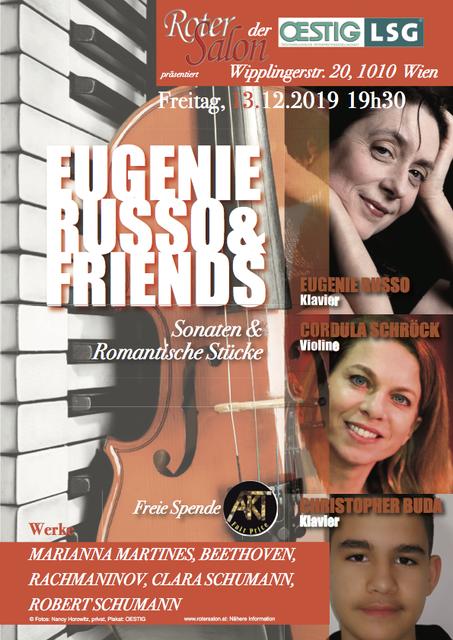 Pianistin EUGENIE RUSSO spielt mit Violinisin CORDULA SCHRÖCK und Student CHRISTOPHER BUDA unter „Freunden“.  | Foto: Fotos: Nancy Horowitz, privat, Plakat: OESTIG
