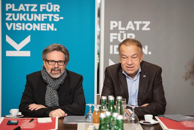 Gerald Bast (l.) und Meinhard Lukas präsentierten Pläne für die Universität für Angewandte Kunst Wien und JKU.