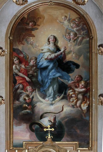Das Hochaltarbild der Pfarrkirche Flachau zeigt die Unbefleckte Empfängnis Mariä. Die Pfarrkirche Flachau ist der Maria Immaculata geweiht.
