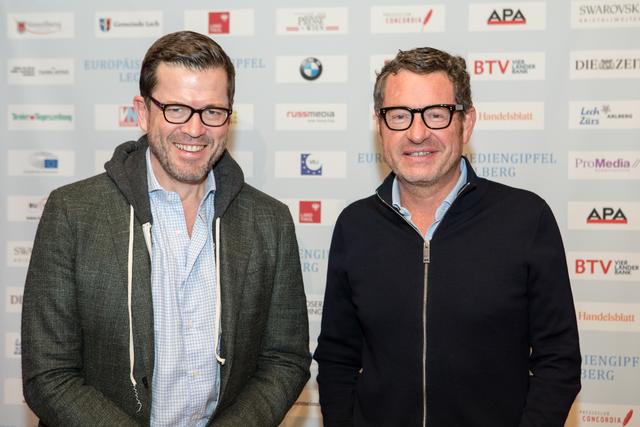 (v.l.) Karl-Theodor zu Guttenberg (ehemaliger deutscher Minister) und Kai Diekmann (CEO Storymachine) beim 13. Europäischen Mediengipfel Lech am Arlberg. | Foto: ProMedia Kommunikation/APA-Fotoservice/Lechner