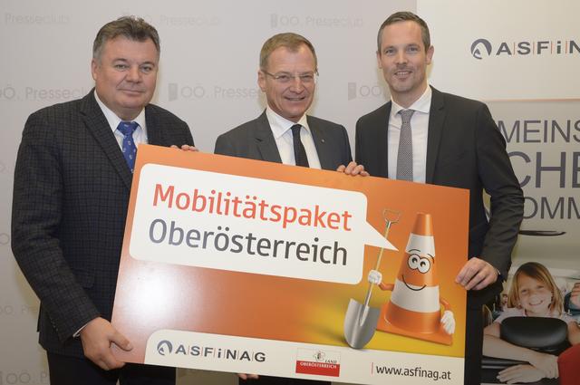 v. l.: Infrastruktur-Landesrat Günther Steinkellner, Landeshauptmann Thomas Stelzer und Hartwig Hufnagl, Vorstand Asfinag.