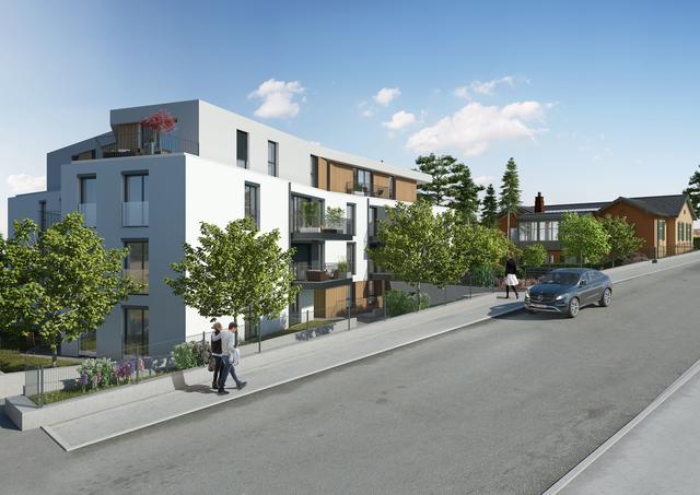 So soll laut Bauträger Sedlak das neue Wohnhaus an der Florastraße 6 aussehen. Ein positiver Baubescheid seitens der Gemeinde wurde bereits erstellt, die Anrainer haben dagegen berufen. Als "Bauvorbereitung" wurde der verwaldete Park vor der Louisenvilla (rechts hinten, braunes Haus) bereits gerodet. | Foto: Sedlak Immobilien GmbH