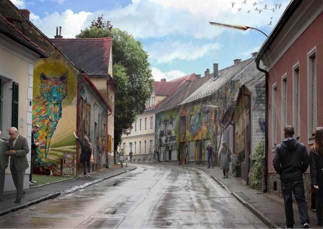 Bunt bemalte Fassaden könnten die jetzt trostlose Hauptstraße aufwerten, so eine der Stadterneuerungs-Ideen.