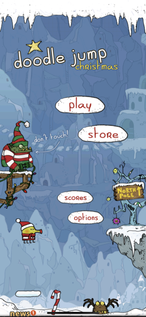 App Tipp der Woche: Doodle Jump Christmas ist die Weihnachts-App des bekannten Spiels. Neben den Bekannten Schwierigkeiten gibt es zusätzlich Windstöße und Dauerschnee. | Foto: Screenshot