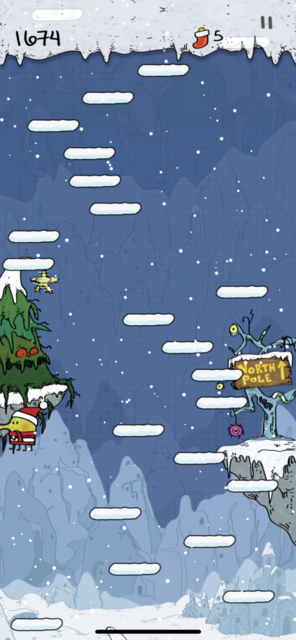App Tipp der Woche: Doodle Jump Christmas ist die Weihnachts-App des bekannten Spiels. Neben den Bekannten Schwierigkeiten gibt es zusätzlich Windstöße und Dauerschnee. | Foto: Screenshot