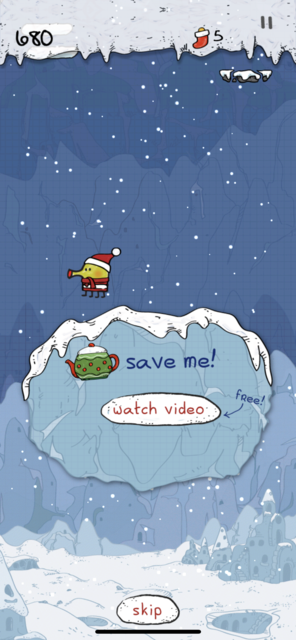 App Tipp der Woche: Doodle Jump Christmas ist die Weihnachts-App des bekannten Spiels. Neben den Bekannten Schwierigkeiten gibt es zusätzlich Windstöße und Dauerschnee. | Foto: Screenshot