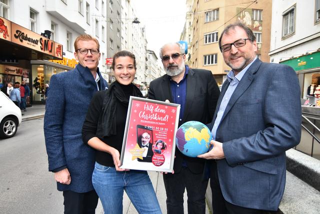 bz-Geschäftsführer Max Schulyok, Magda Hassan, Obfrau Wollzeile, Michael Niavarani und Reinhard Heiserer, "Jugend Eine Welt" (v.l.).