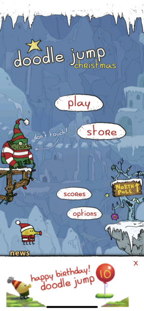 App Tipp der Woche: Doodle Jump Christmas ist die Weihnachts-App des bekannten Spiels. Neben den Bekannten Schwierigkeiten gibt es zusätzlich Windstöße und Dauerschnee. | Foto: Screenshot