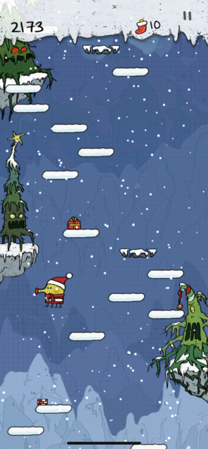 App Tipp der Woche: Doodle Jump Christmas ist die Weihnachts-App des bekannten Spiels. Neben den Bekannten Schwierigkeiten gibt es zusätzlich Windstöße und Dauerschnee. | Foto: Screenshot