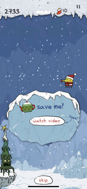 App Tipp der Woche: Doodle Jump Christmas ist die Weihnachts-App des bekannten Spiels. Neben den Bekannten Schwierigkeiten gibt es zusätzlich Windstöße und Dauerschnee. | Foto: Screenshot