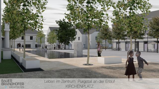 "Leben im Zentrum – Leben am Wasser": Der Purgstaller Kirchenplatz wird zur Begegnungszone im Ortszentrum.