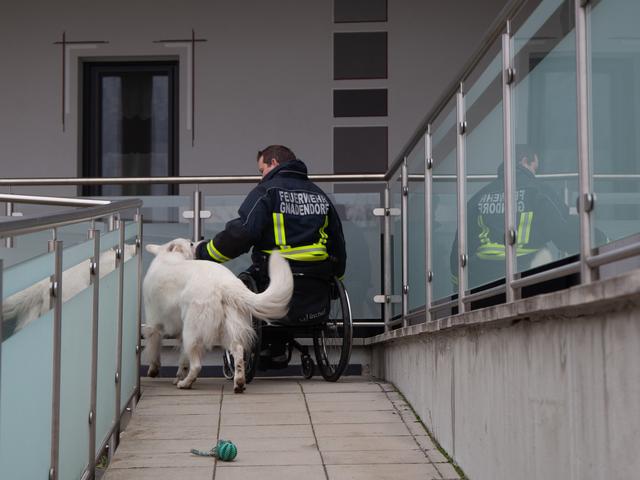 Über die Rampe ins Haus! Pauli und Feuerwehrmann Jürgen Schiener. | Foto: Regina Courtier