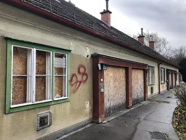 Verriegelte Fenster und Türen, zerbrochene Scheiben, bröckelnde Fassaden und beschmierte Wände. Die Alte-Leute-Siedlung war mal ein Vorzeigeprojekt der Stadt Wien.