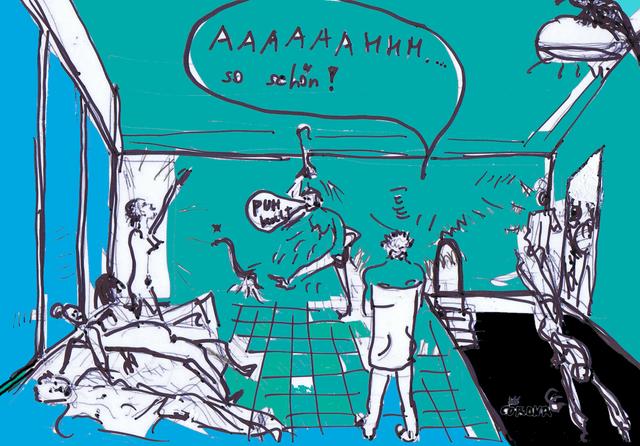 Die Cartoons zeigen das Saunageschehen im Brigittenauer Bad. | Foto: Corona Gsteu