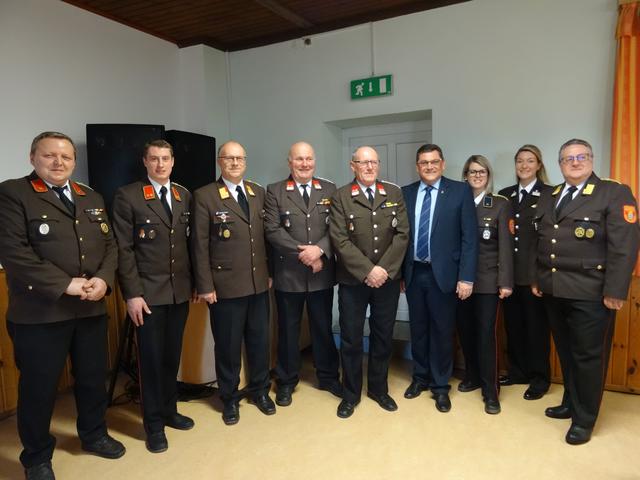 BI Martin Weber, OBI Werner Brantner, Abschnittskommandant BR Erhard Koppensteiner, HBM Gerhard Brantner, HBM Franz Brantner, Vizebürgermeister Peter Müller, V Janine Brantner-Stouy, VM Angelika Preissl und VI Michael Preissl