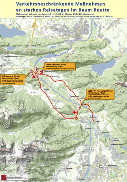 Diese Karte gibt Auskunft über die verkehrsbeschränkenden Maßnahmen im Bezirk Reutte. | Foto: Land Tirol