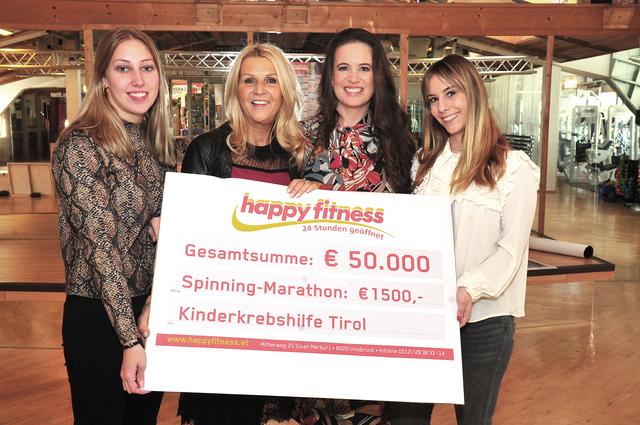 Die 50.000-Euro-Marke wurde im Jahr 2019 erreicht: Dr. Stephanie Holzer (2.v.r.) übergab mit Adriana und Lea vom Happy-Fitness-Team den Symbolscheck an Ursula Mattersberger (2.v.l.).